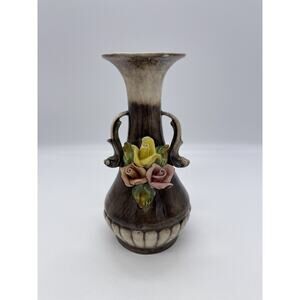 Vintage Capodimonte Pink & Yellow Rose Flower Vase Centerpiece 8.25” Italy Rare